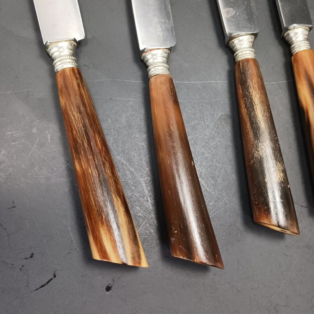 6 Vintage Dutch Antler/Horn Handle Sharp DINNER KNIVES EUC